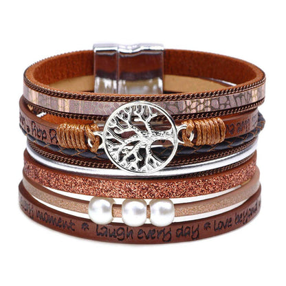 Fesciory Leopard Bracelet for Women, Boho Leather Wrap Multi-Layer Pearl Crystal Bracelet Bangle Jewelry