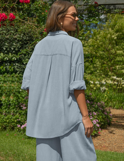 TARSE Womens Linen 2 Piece Outfits Casual Lounge Sets | Long Sleeve, Button Down Shirt and Wide Leg Pants, loose fit linen, vacation outfits with Pockets