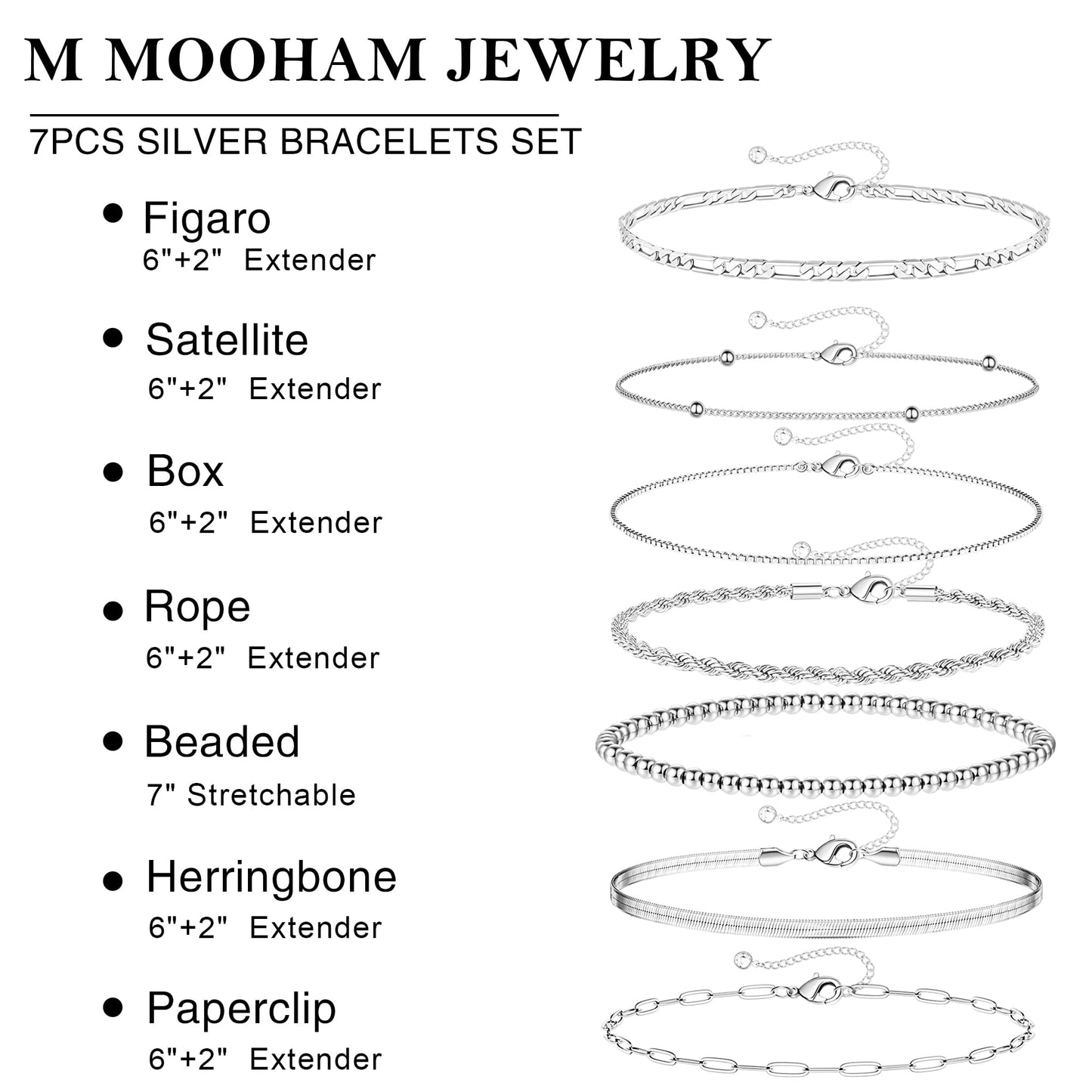 M MOOHAM 7PCS Gold Bracelets for Women, 14K Gold Plated Beaded Bracelet Set | Rope Paperclip Chain Stackable Bracelet, Non Tarnish Bracelet Stack, Friendship Birthday Jewelry, Gifts for Women Teen Girls