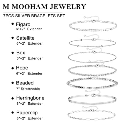 M MOOHAM 7PCS Gold Bracelets for Women, 14K Gold Plated Beaded Bracelet Set | Rope Paperclip Chain Stackable Bracelet, Non Tarnish Bracelet Stack, Friendship Birthday Jewelry, Gifts for Women Teen Girls
