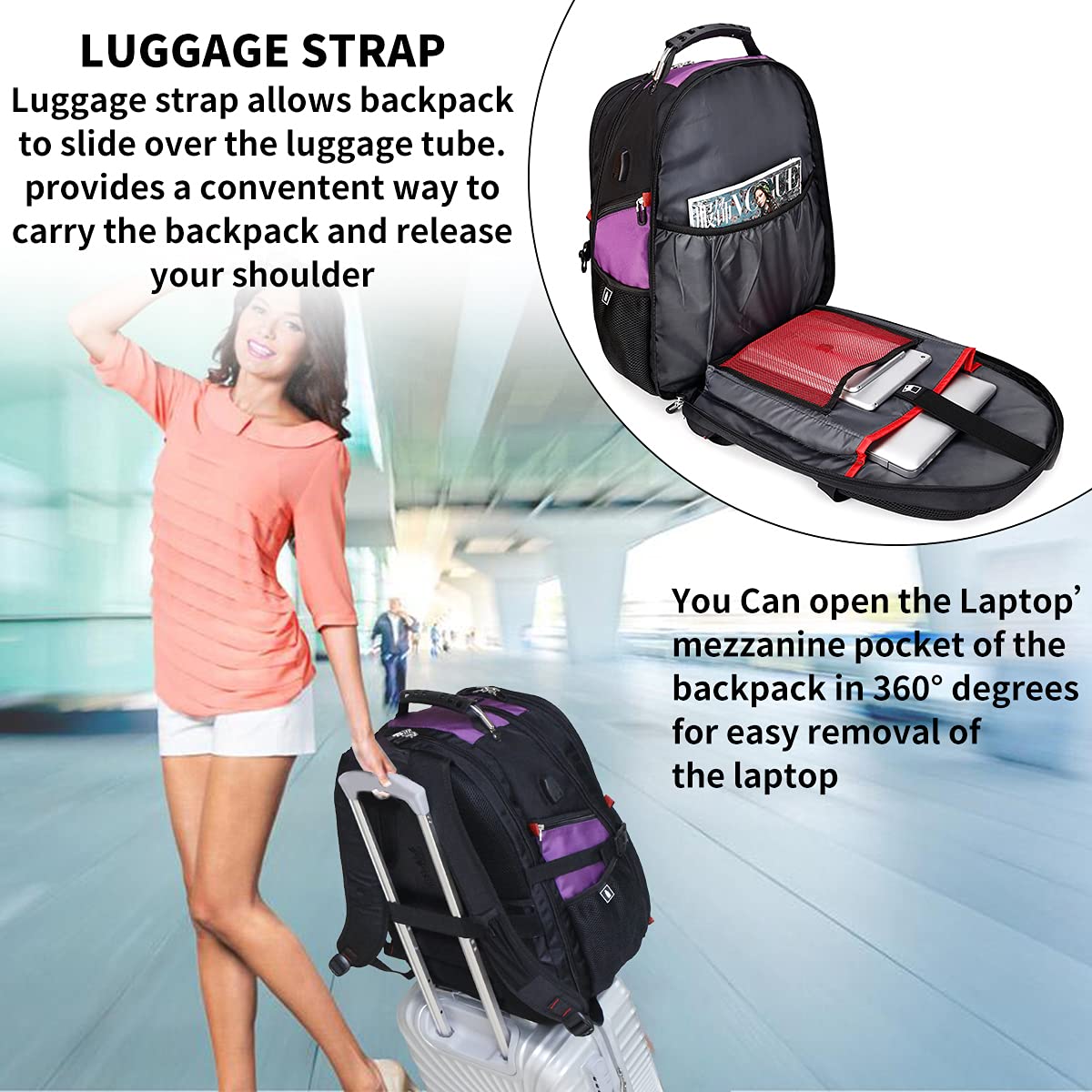 SHRRADOO Extra Large 50L Travel Laptop Backpack with combination lock,High School College Backpack Airline Approved Business Work Bag Fit 17 Inch Laptops for Men Women,Black