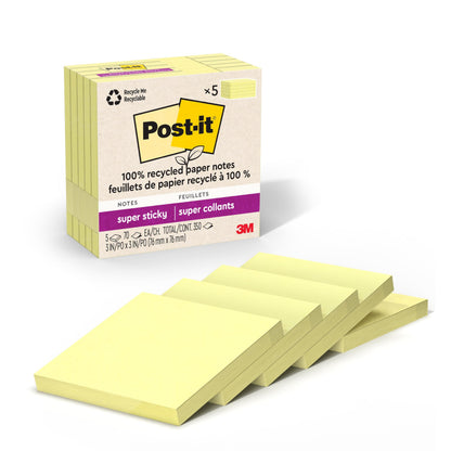 Post-it 100% Recycled Super Sticky Notes, 3 x 3 in, Pastels, 5 Pads | School Supplies and Office Products, 2X the Sticking Power