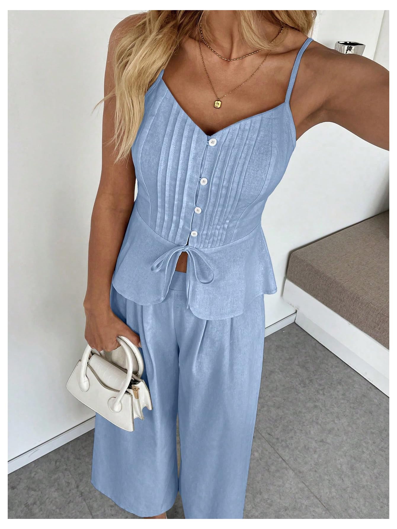SOLY HUX Women's 2 Piece Summer Outfit Button Down Peplum Cami Top and Wide Leg Pants Set