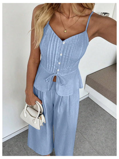 SOLY HUX Women's 2 Piece Summer Outfit Button Down Peplum Cami Top and Wide Leg Pants Set