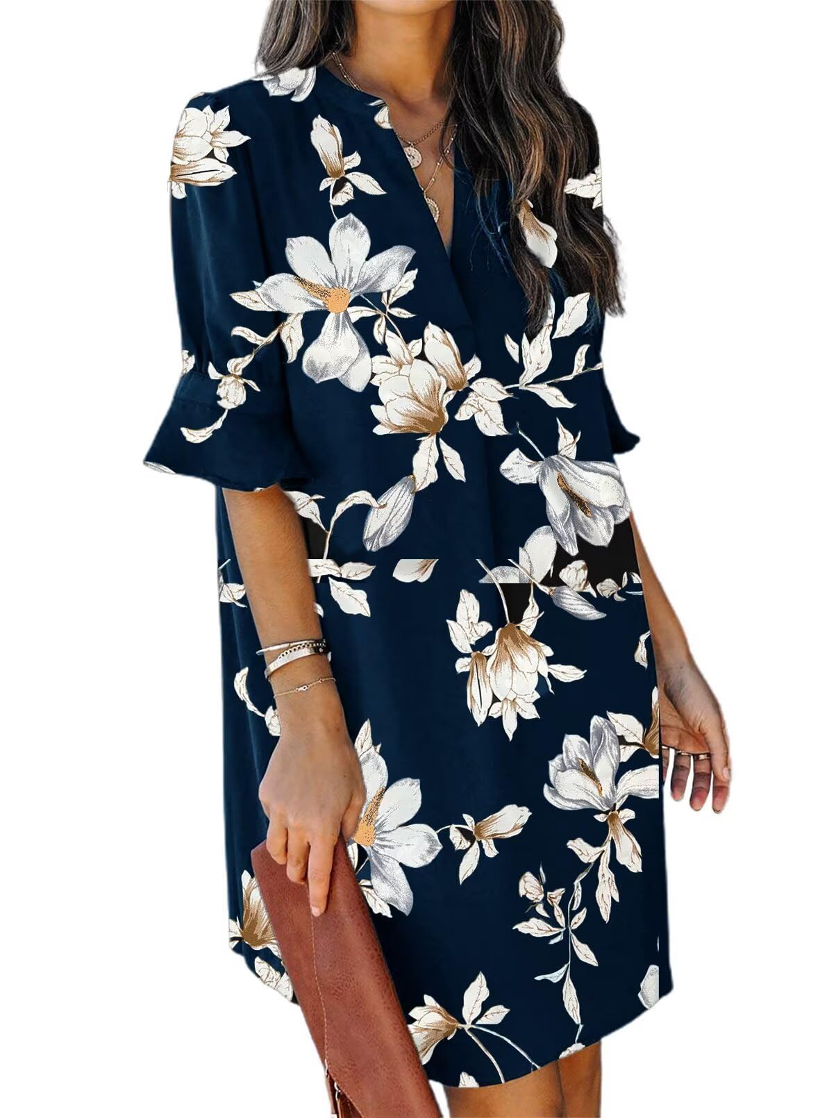 QACOHU Womens Summer Casual V Neck Shift Mini Dress | Flowy Swing Basic Loose Dresses, Ruffle Short Sleeve, Straight, Floral Boho Style, Wedding Guest Beach Vacation Outfits