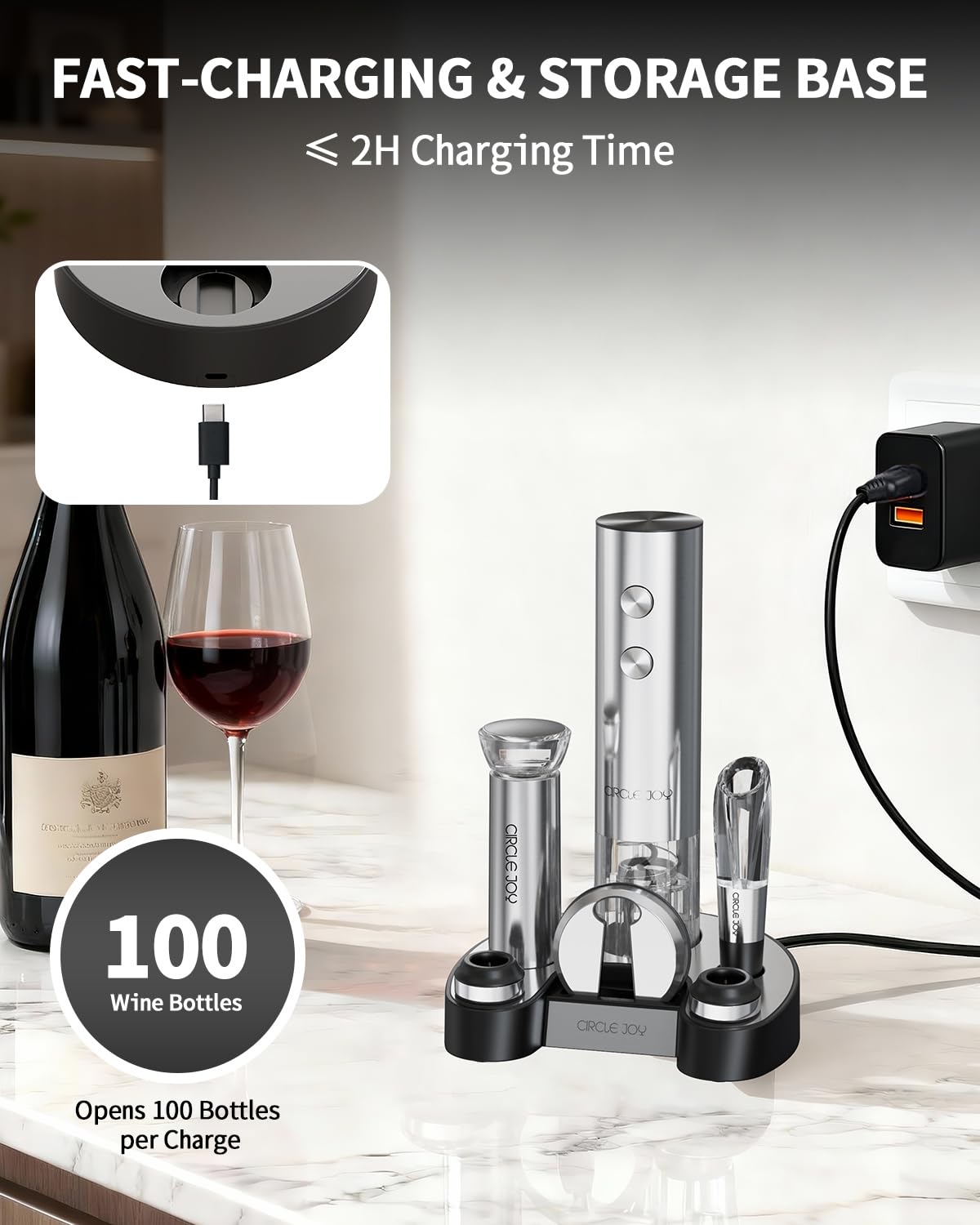 CIRCLE JOY Electric Wine Opener Rechargeable 5-in-1 Stainless Steel Wine Gift Set with Foil Cutter, Wine Aerator Pourer, Wine Drip Ring & Vacuum Stopper, Ideal Gifts for Wine Lovers, Silver