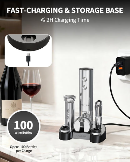 CIRCLE JOY Electric Wine Opener Rechargeable 5-in-1 Stainless Steel Wine Gift Set with Foil Cutter, Wine Aerator Pourer, Wine Drip Ring & Vacuum Stopper, Ideal Gifts for Wine Lovers, Silver