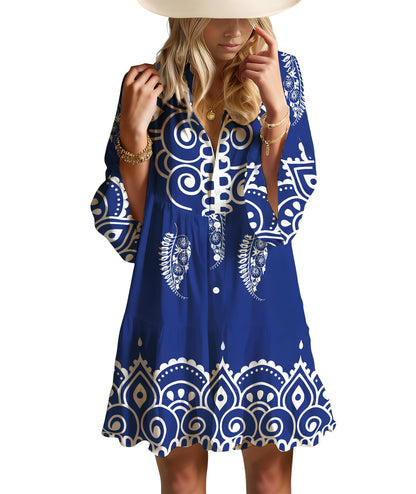 Opemiby Summer Dresses for Women 2026 Flowy Ruffle 3/4 Sleeve V Neck Tiered Casual Babydoll Boho Beach Mini Dress