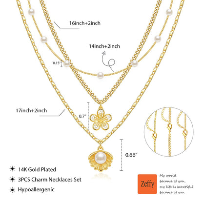 Zeffy Shell Necklace for Women,14K Gold Plated Layered Starfish Conch SeaShell Pearl Pendant Charm Necklace Stack Waterproof Dainty Beach Jewelry for Summer Vacation