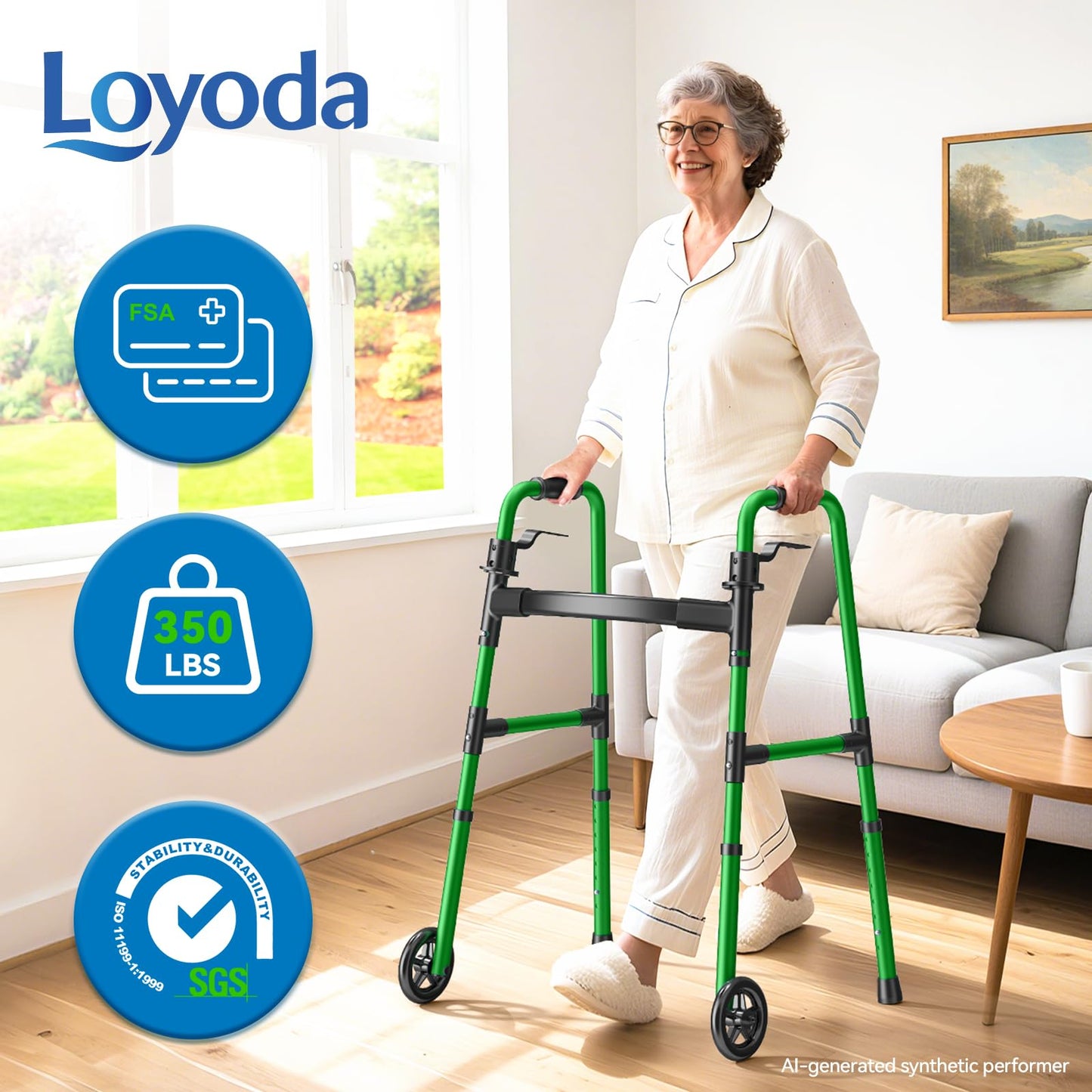 Loyoda Folding Walker with 2 Skis and 5" Wheels, Lightweight Walkers for Seniors and Adults, Supports Up to 350 Pounds, Adjustable Height, Compact Standard Walker, Black