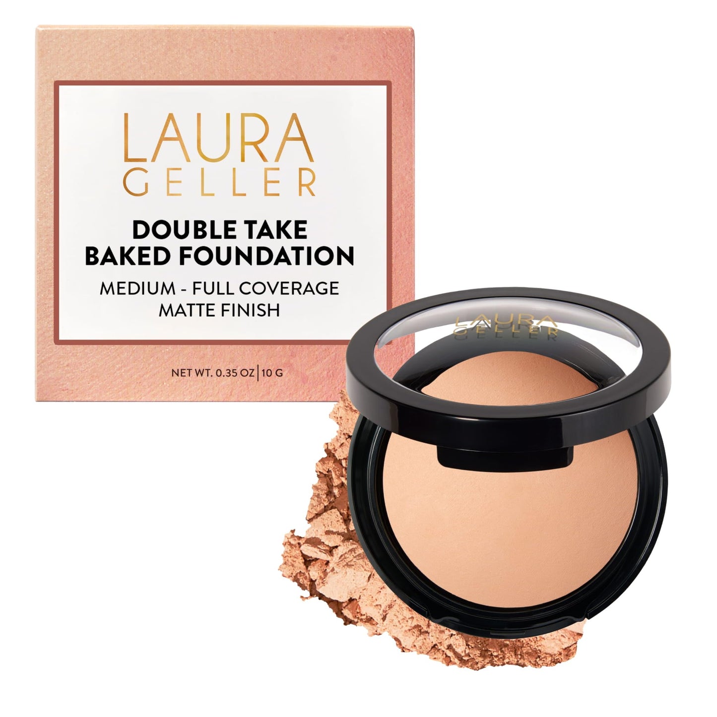 LAURA GELLER NEW YORK Baked Double Take Powder Foundation – Longwear Buildable Medium to Full Coverage – Matte Finish – Non-Caking Formula – Handmade in Italy – Mature & Sensitive Skin – Tan
