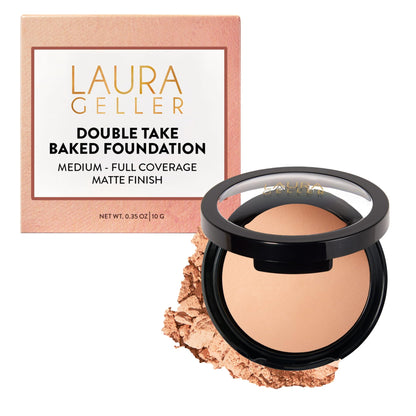 LAURA GELLER NEW YORK Baked Double Take Powder Foundation – Longwear Buildable Medium to Full Coverage – Matte Finish – Non-Caking Formula – Handmade in Italy – Mature & Sensitive Skin – Tan