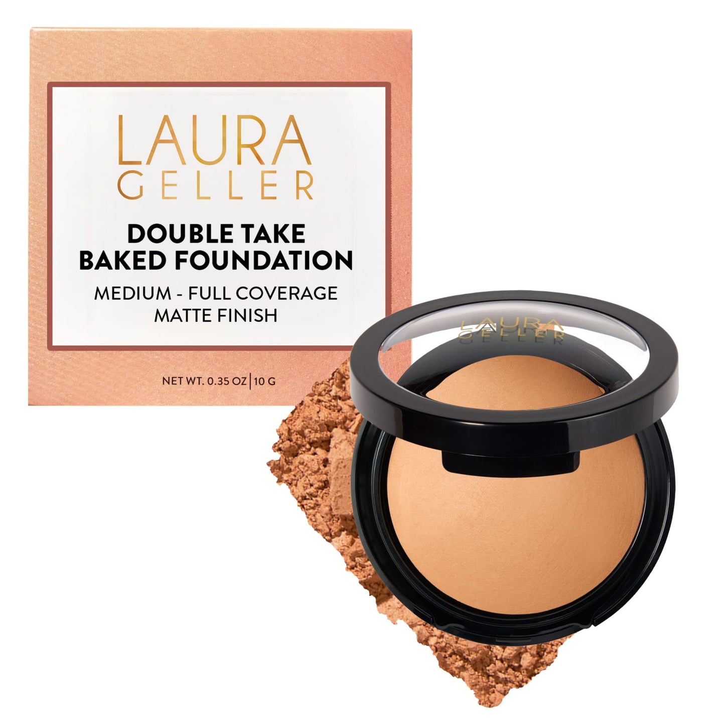 LAURA GELLER NEW YORK Baked Double Take Powder Foundation – Longwear Buildable Medium to Full Coverage – Matte Finish – Non-Caking Formula – Handmade in Italy – Mature & Sensitive Skin – Tan