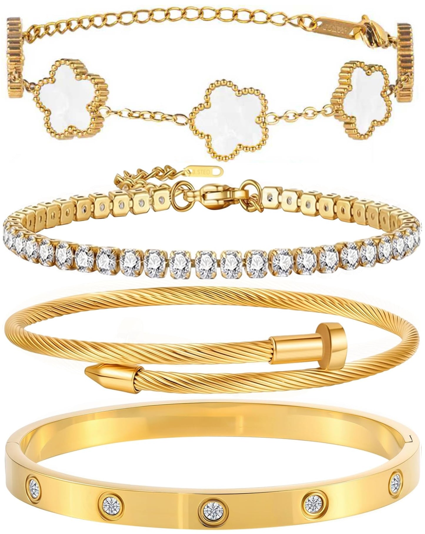 18K Gold Plated Bangle Bracelet Set for Women Stackable Lucky Floral Adjustable Tennis Bracelet Non Tarnish Gift Jewelry for Christmas Valentines Birthday Mother's Day