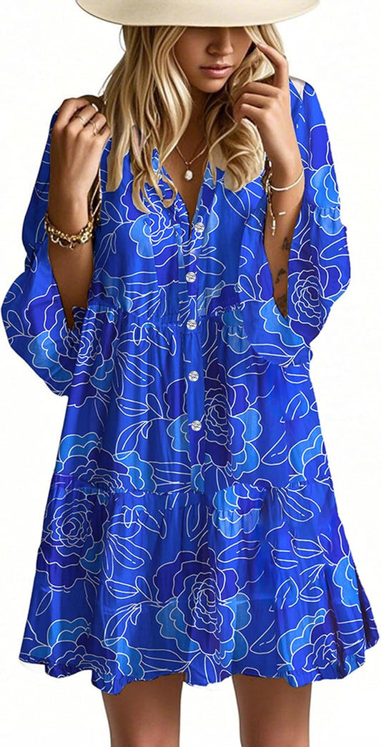 Opemiby Summer Dresses for Women 2026 Flowy Ruffle 3/4 Sleeve V Neck Tiered Casual Babydoll Boho Beach Mini Dress