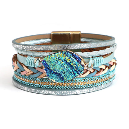 Fesciory Leopard Bracelet for Women, Boho Leather Wrap Multi-Layer Pearl Crystal Bracelet Bangle Jewelry