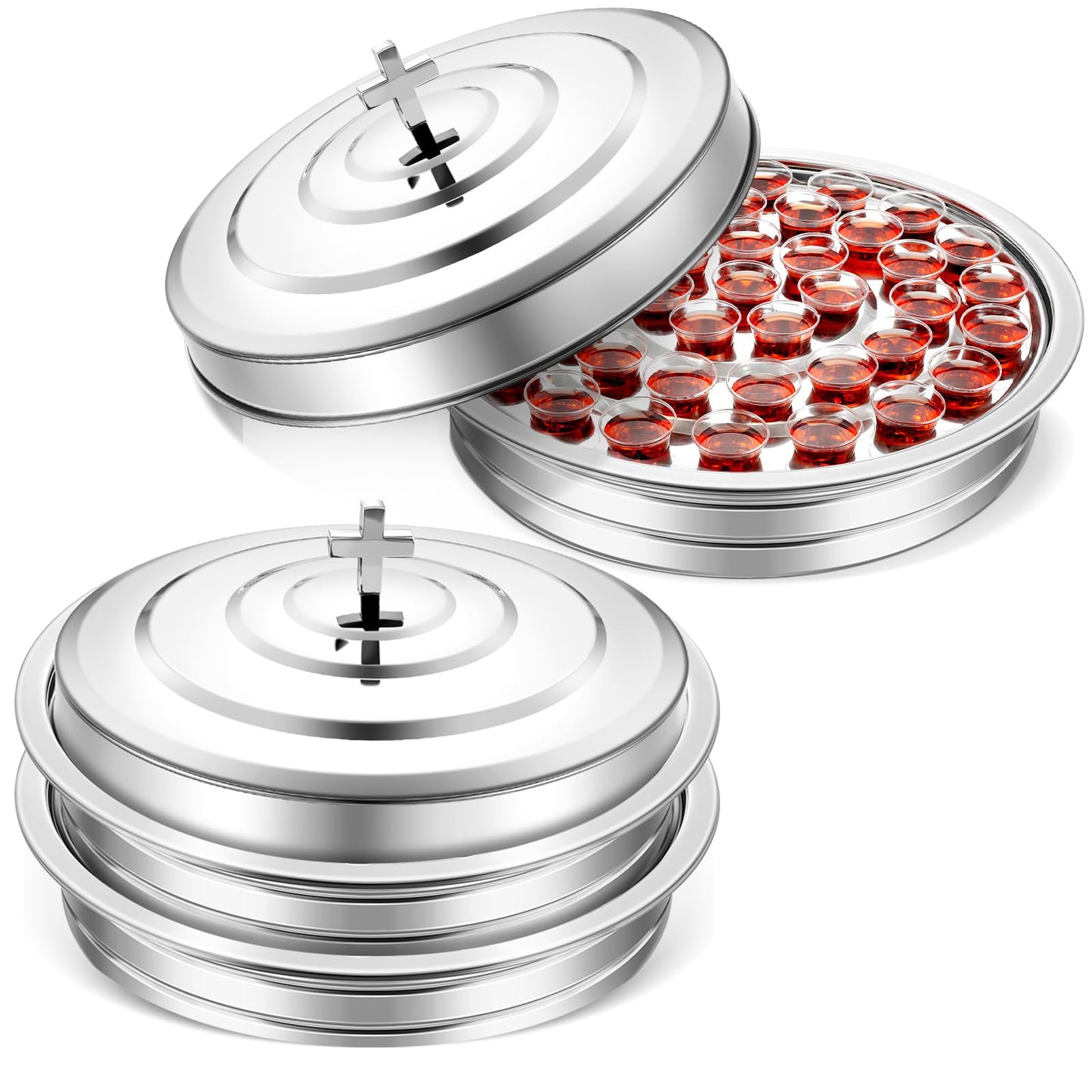 Jingmore Communion 2 Trays with Lid Christmas Holy Wine Serving Trays House up 80 Cups Stacking Stainless Steel Churches Ware Wine Bread Christmas Party Supplies (Gold)
