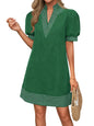 Wenrine Womens Summer V Neck Shift Dresses Casual Puff Short Sleeve Color Block Short Boho Beach Dresses with Pockets