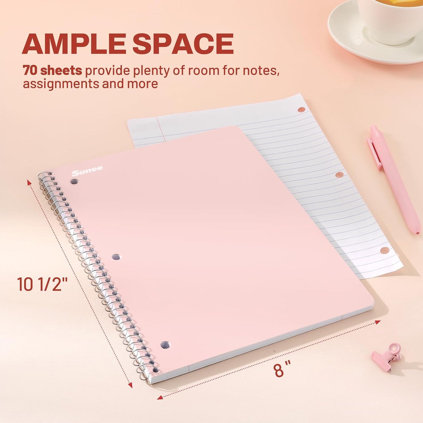 SUNEE Spiral Notebooks, 1-Subject, 5 Pack, College Ruled Paper, 8" x 10-1/2", 70 Sheets per Notebook,3-Hole Punched Paper, Pink,Purple, Blue, Green, Yellow Spiral Lined Notebooks for School,Work