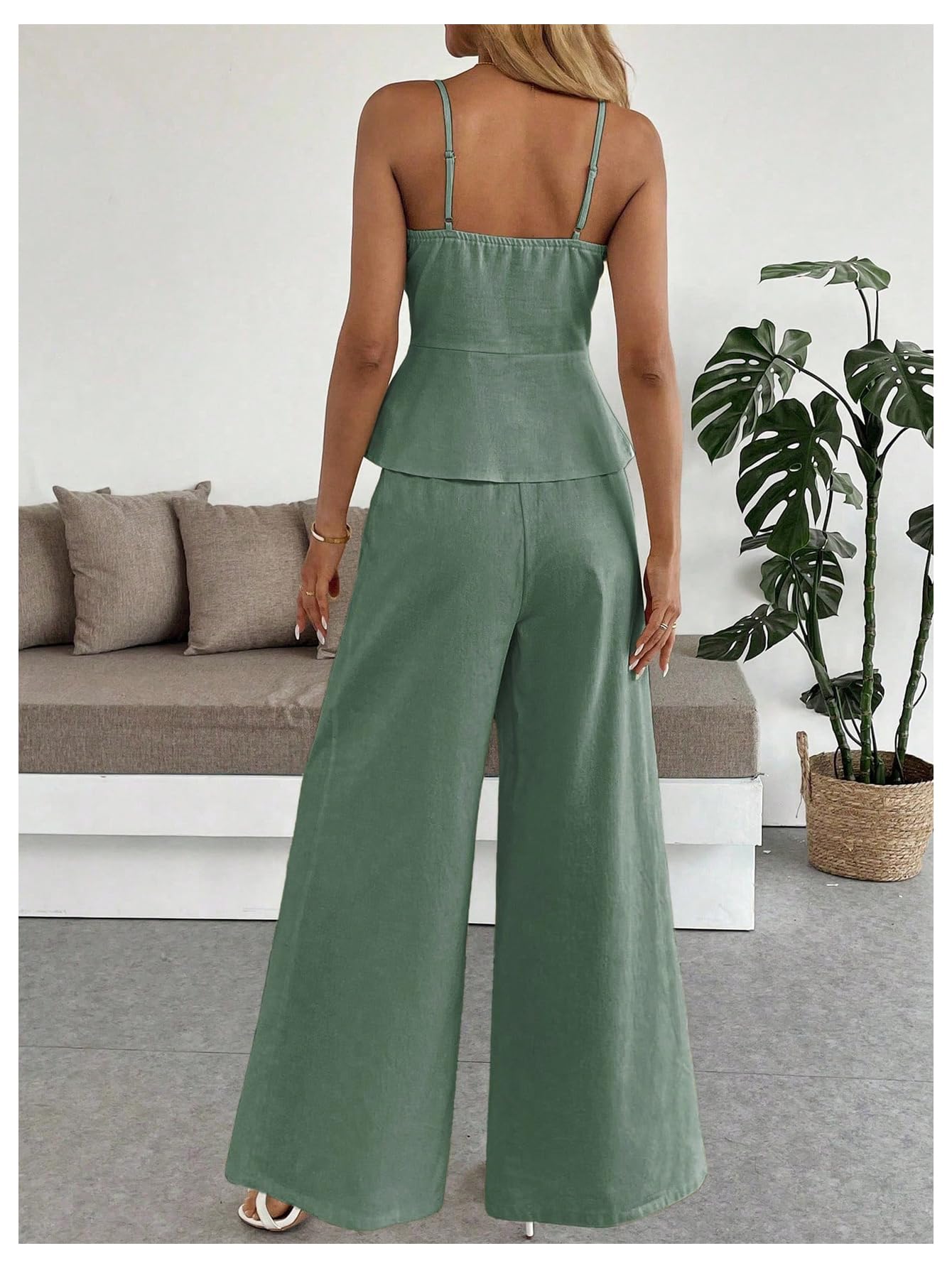 SOLY HUX Women's 2 Piece Summer Outfit Button Down Peplum Cami Top and Wide Leg Pants Set