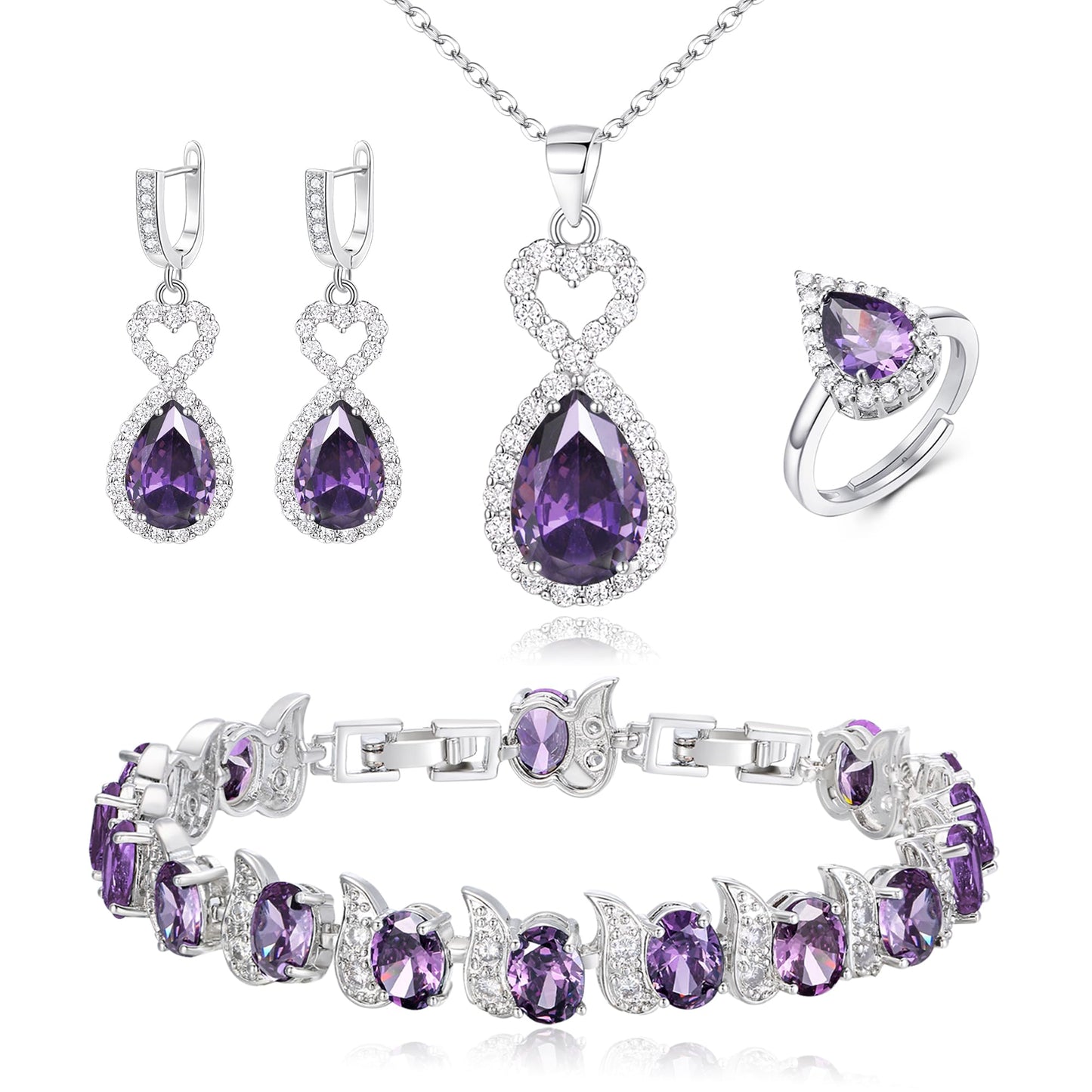 BriLove Wedding Jewelry Set for Women Bride Bridesmaid | Gorgeous Cubic Zirconia Teardrop Necklace Earrings Bracelet Adjustable Ring Jewelry Gift for Birthday/Anniversary