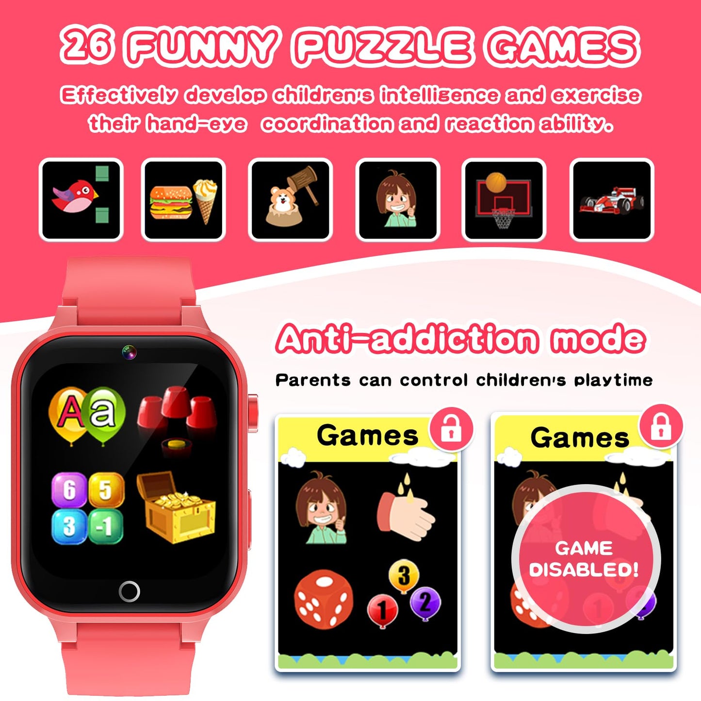 Kids Smart Watch Gift for Girls Age 5-12, 39 Games HD Touch Screen Watches with Video Camera Music Player Pedometer Flashlight 12/24 hr Educational Toys Birthday Gifts for Girls Ages 7 8 9 10