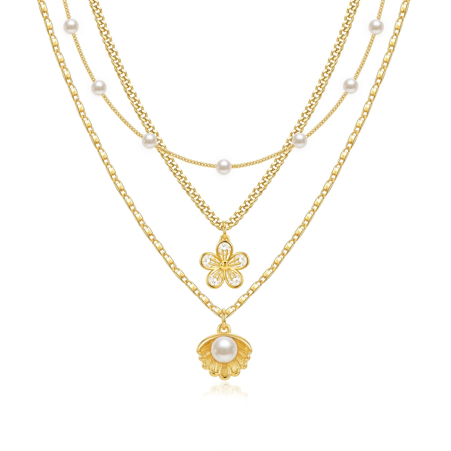 Zeffy Shell Necklace for Women,14K Gold Plated Layered Starfish Conch SeaShell Pearl Pendant Charm Necklace Stack Waterproof Dainty Beach Jewelry for Summer Vacation