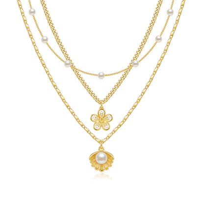 Zeffy Shell Necklace for Women,14K Gold Plated Layered Starfish Conch SeaShell Pearl Pendant Charm Necklace Stack Waterproof Dainty Beach Jewelry for Summer Vacation