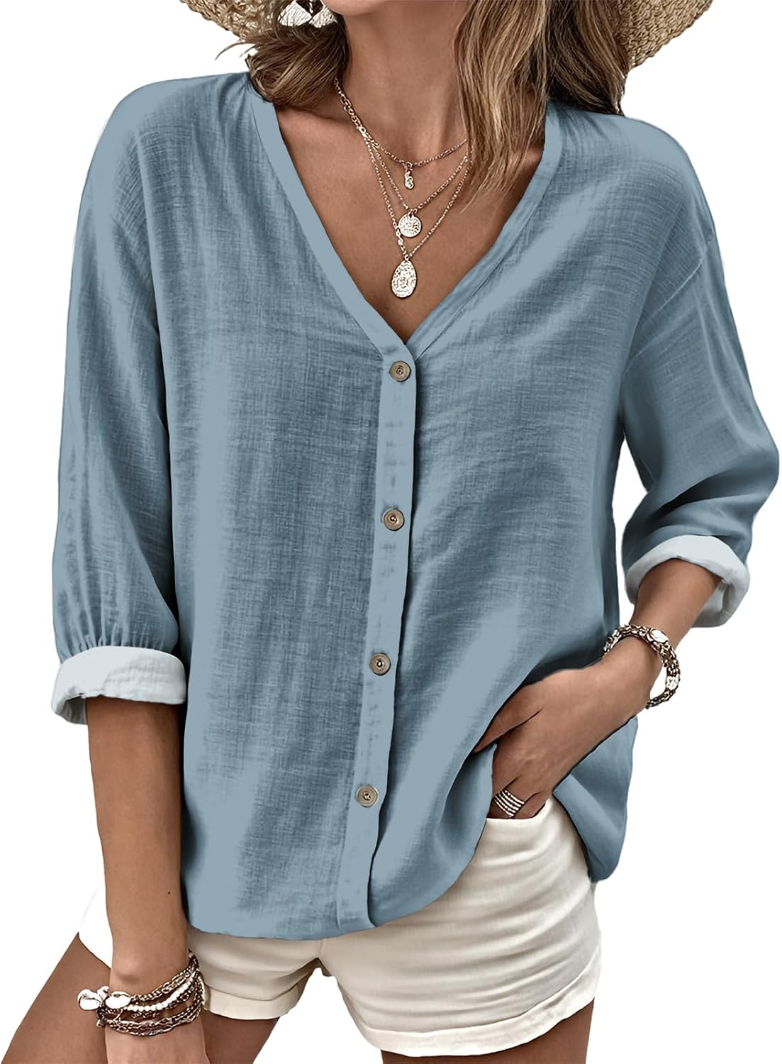 MARSVOVO V Neck Shirts for Women Lightweight Decorative Button 3/4 Sleeve Blouses Comfy Casual Business Flowy Top