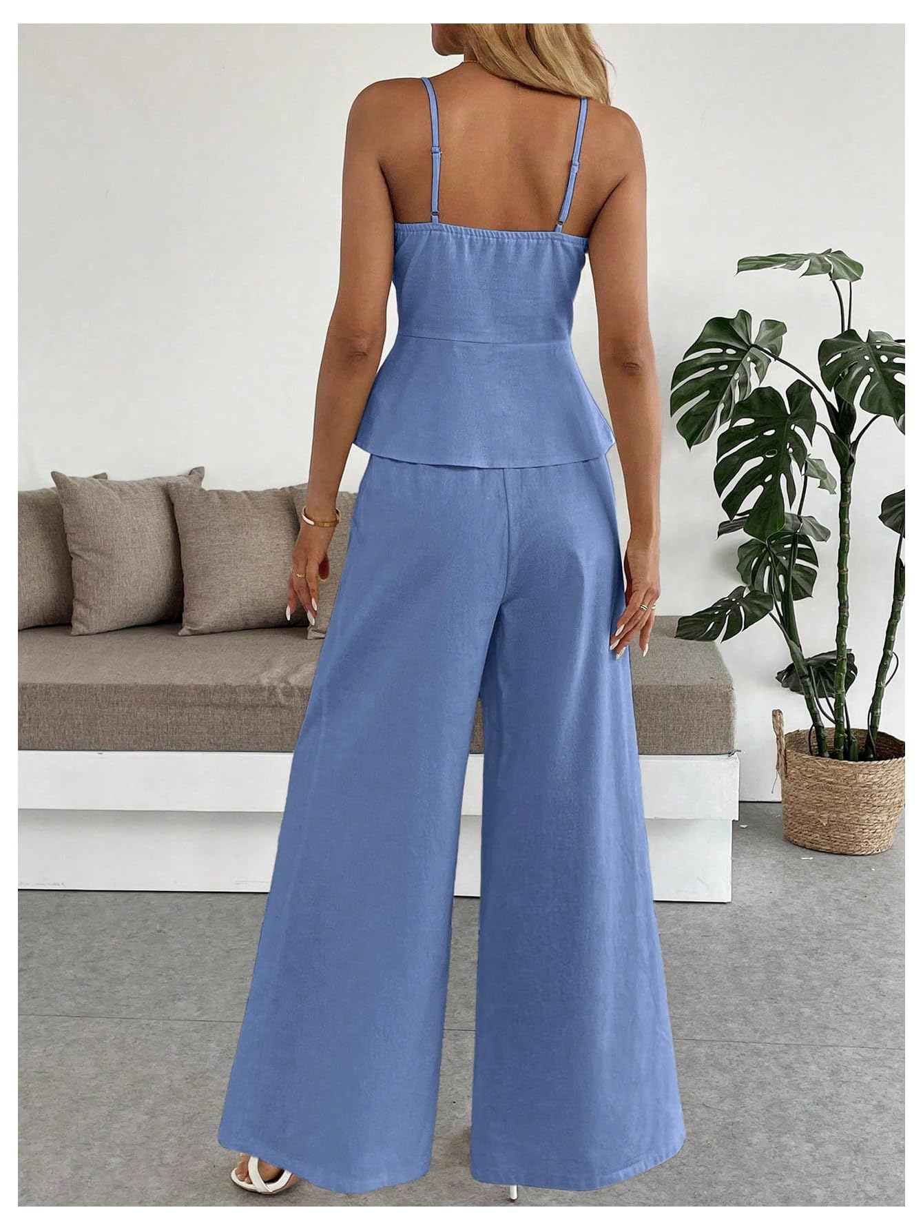SOLY HUX Women's 2 Piece Summer Outfit Button Down Peplum Cami Top and Wide Leg Pants Set