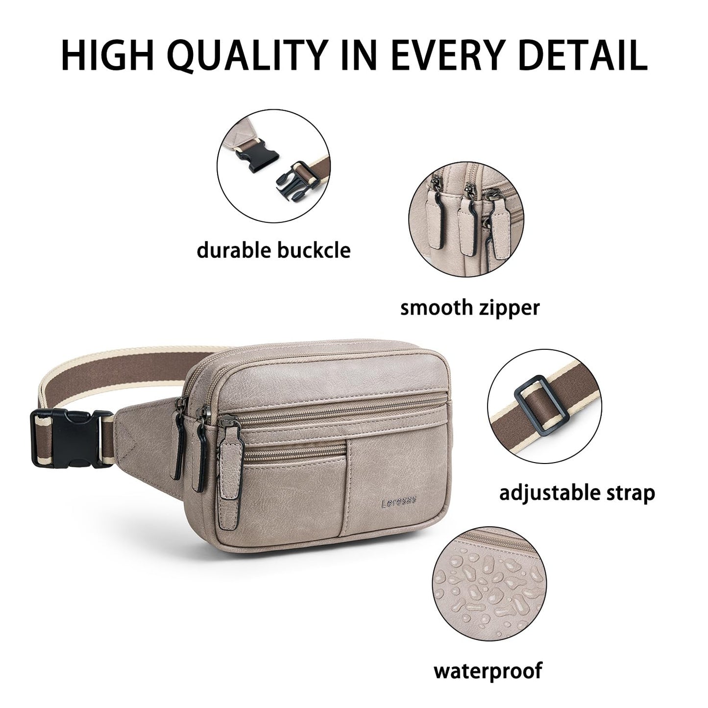 Leresas Fanny Packs for Women Vegan Leather Belt Bag Chic Cross Body Waist Pack Waist Purse for Travel Hiking Running Brown