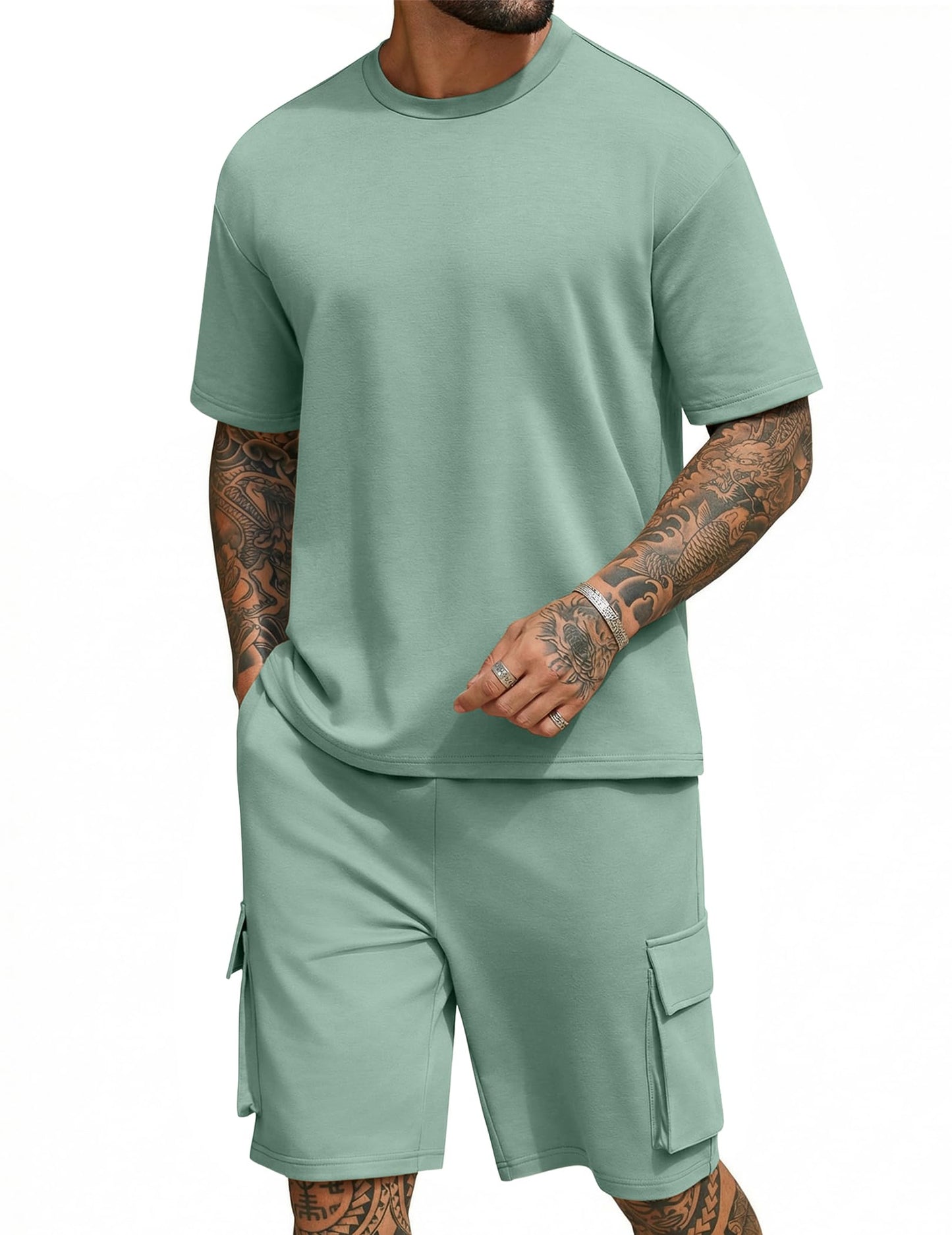 COOFANDY Men's Shirt and Shorts Set 2 Piece Fashion Summer Tracksuits Cotton Oversized T-Shirts Cargo Shorts Outfits