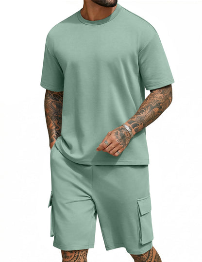 COOFANDY Men's Shirt and Shorts Set 2 Piece Fashion Summer Tracksuits Cotton Oversized T-Shirts Cargo Shorts Outfits