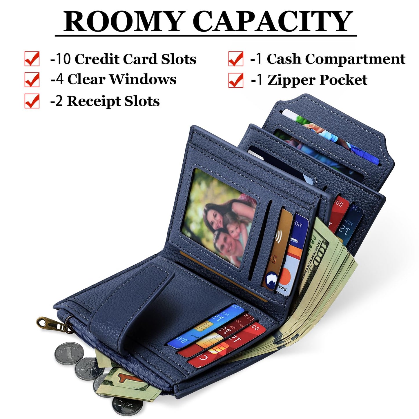 Airkit Small Wallet Women RFID Blocking Soft Leather Bifold Compact Card Holder Wallet for Women with Zipper Coin Pocket 4 ID Window