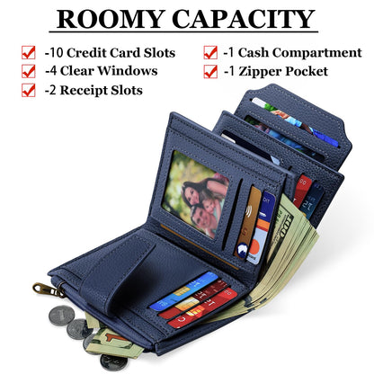 Airkit Small Wallet Women RFID Blocking Soft Leather Bifold Compact Card Holder Wallet for Women with Zipper Coin Pocket 4 ID Window
