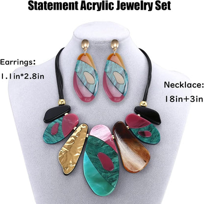 MUYAN Statement Acrylic Jewelry Set for Women, Big Bohemian Multicolor Bib Necklaces Bangle Bracelet Dangle Earrings Chunky Jewelry Sets