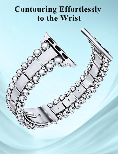 TOYOUTHS Beaded Bracelet Compatible with Apple Watch Bands 38/40/41/42/44/45/46/49mm Women, Dressy Fancy Stainless Steel Metal Elegant Jewelry Strap for iWatch Series 11 10 9 8 7 6 5 4 Ultra/SE 3 2 1