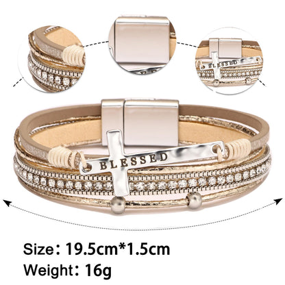 Fesciory Leopard Bracelet for Women, Boho Leather Wrap Multi-Layer Pearl Crystal Bracelet Bangle Jewelry