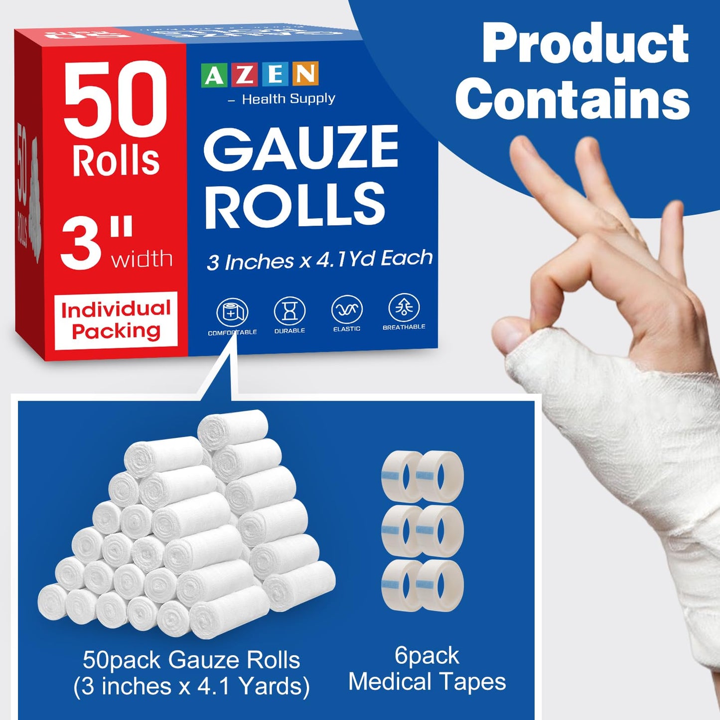 AZEN 25 Pack Gauze Rolls Bandages, 3 in x 4.1 Yards, Premium Medical Supplies & First Aid Supplies, Bandage Wrap Vet Wrap, Mummy Wraps