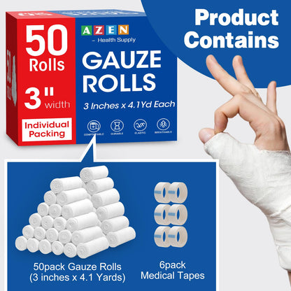 AZEN 25 Pack Gauze Rolls Bandages, 3 in x 4.1 Yards, Premium Medical Supplies & First Aid Supplies, Bandage Wrap Vet Wrap, Mummy Wraps