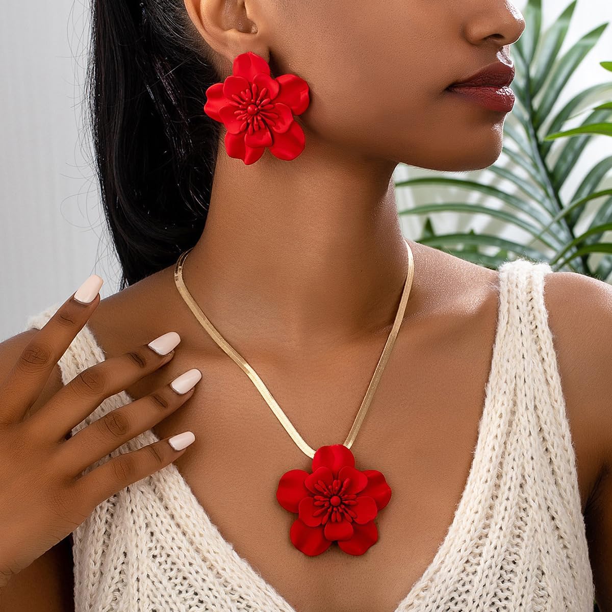 Vintage Flower Necklace Earring Set Gold Snake Chain Necklace Bohemian Red Flowers Choker Necklaces Hypoallergenic Statement Flower Stud Earrings Elegant Bridal Wedding Summer Beach Jewelry