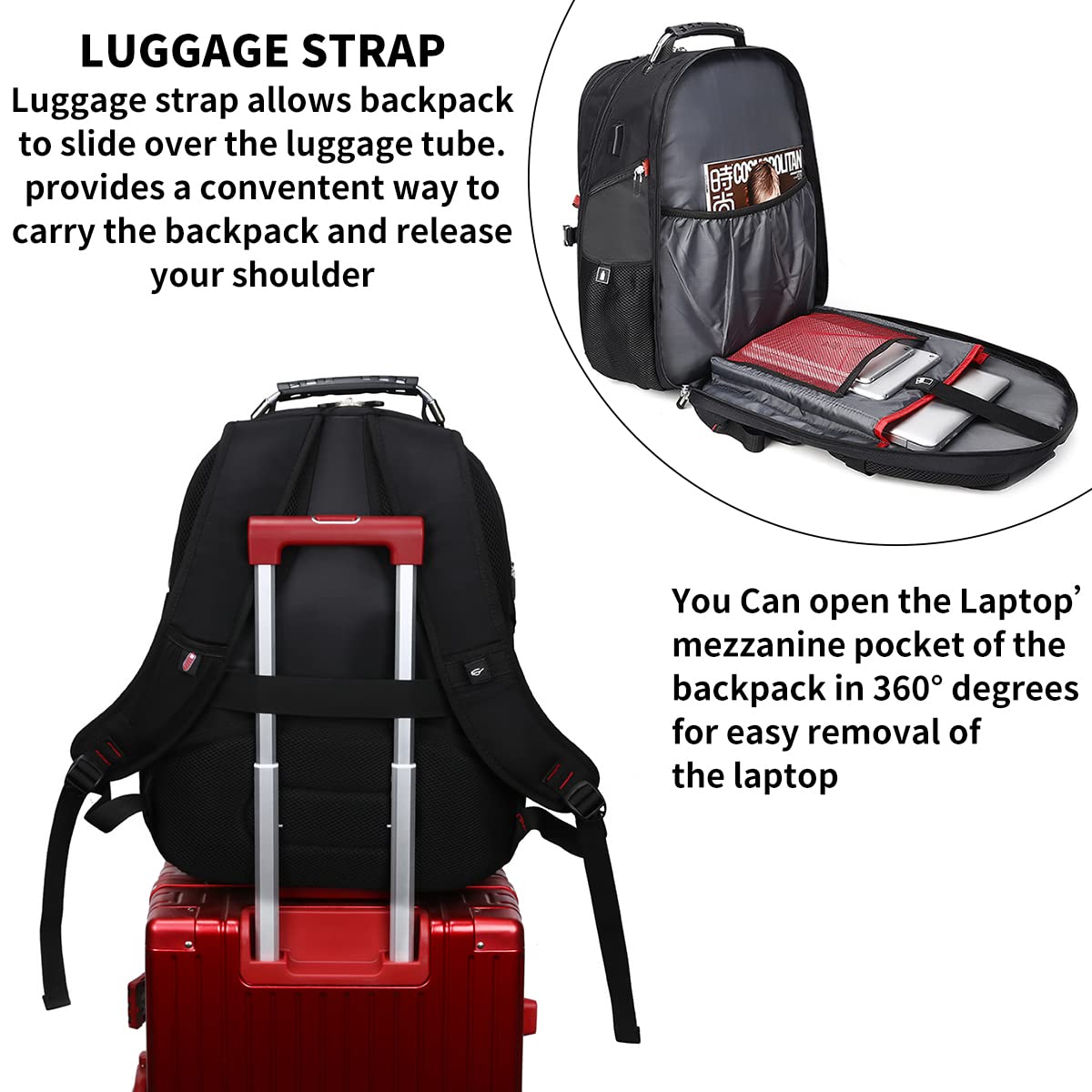 SHRRADOO Extra Large 50L Travel Laptop Backpack with combination lock,High School College Backpack Airline Approved Business Work Bag Fit 17 Inch Laptops for Men Women,Black