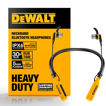 DEWALT Heavy Duty Magnetic Bluetooth Neckband Headphones, Wireless Around the Neck Earbuds w/30H Runtime+Noise Isolation, HandsFree Magnetic Wireless Earphones w/Mic Bluetooth Headsets - Black Edition