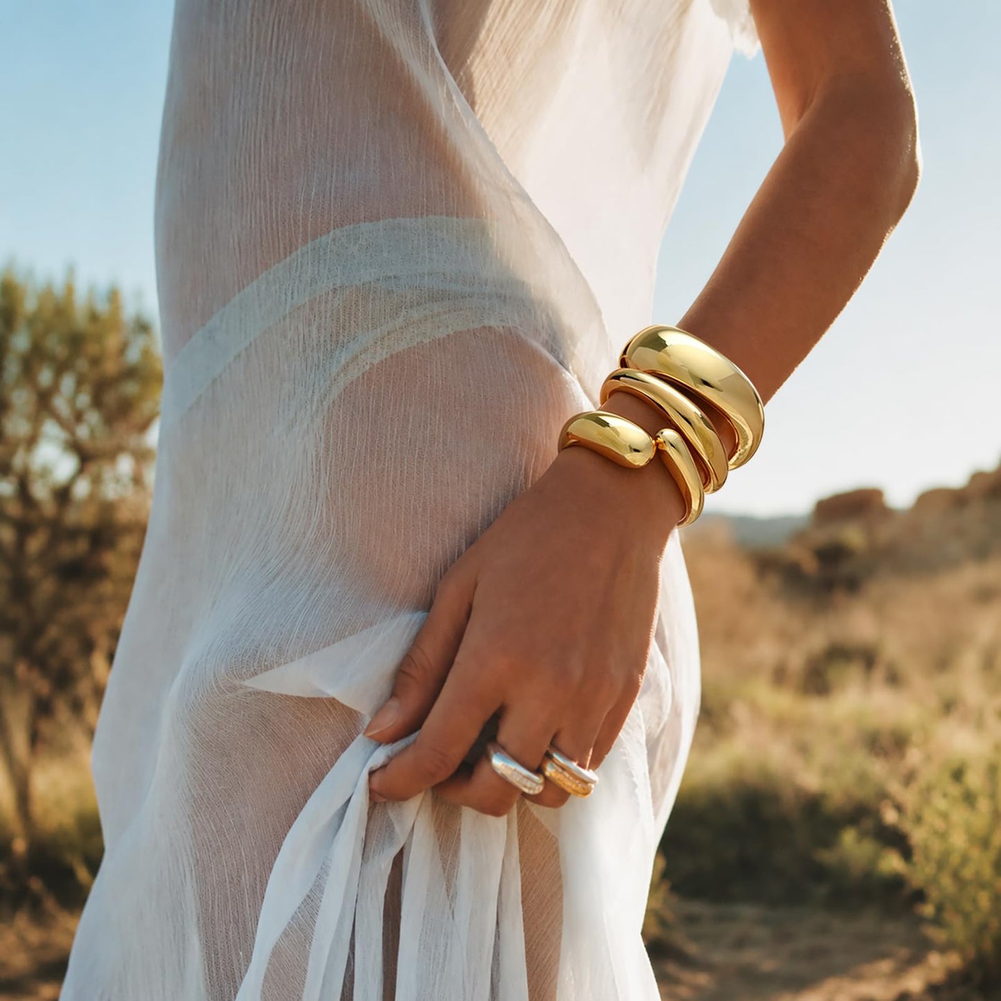 Chunky Gold Bangle Bracelets for Women Trendy 14K Gold Plated Cuff Bracelets Stack, Dainty Gold Bracelet Sets Non Tarnish Fashion Jewelry Gift
