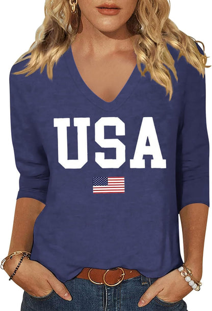 Womens V Neck Flowers Shirts Boho Floral Printed T-Shirt Vintage Graphic Tee Summer Casual Cute 3/4 Sleeve Tops