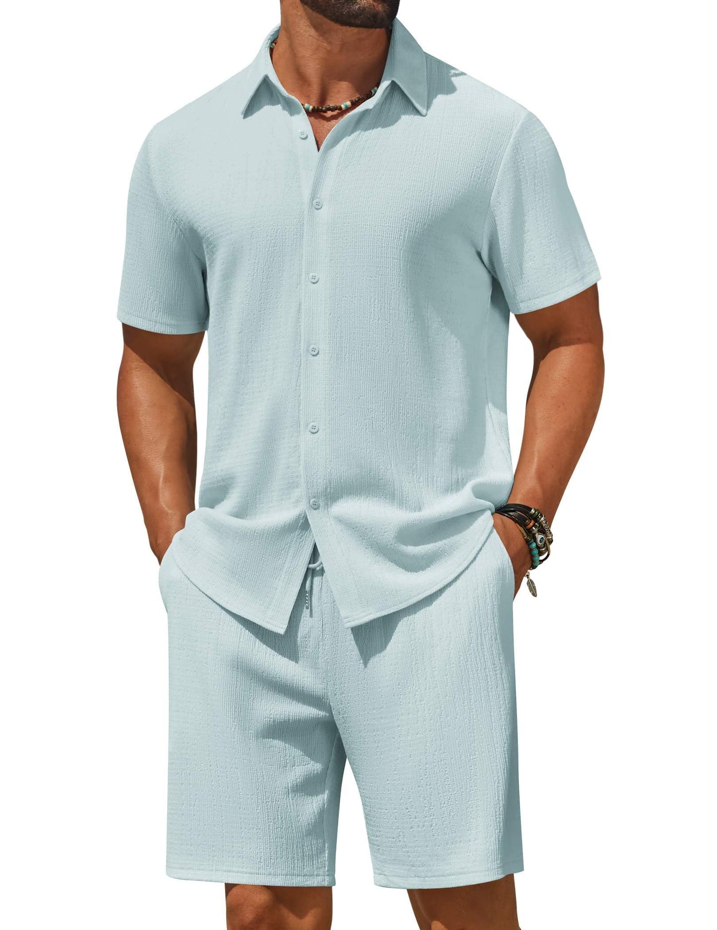 COOFANDY Men's 2 Piece Outfit Casual Short Sleeve Button Down Shirt and Beach Shorts Set Summer Vacation Outfits for Men