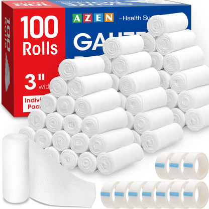 AZEN 25 Pack Gauze Rolls Bandages, 3 in x 4.1 Yards, Premium Medical Supplies & First Aid Supplies, Bandage Wrap Vet Wrap, Mummy Wraps