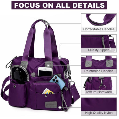 Tote Bag for Women,Multi Pockets Shoulder Handbag,Nurse Bag for Work,Large Cross body Purse,Fashion Nylon Top Handle Satchel