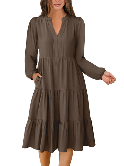 ANRABESS Womens V Neck Long Sleeve Midi Dress | Swing Flowy Tiered with Pockets, Soft Fabric, Boho Beach Vacation Dresses, Loose Fit Casual, Fall Winter Transition Clothes