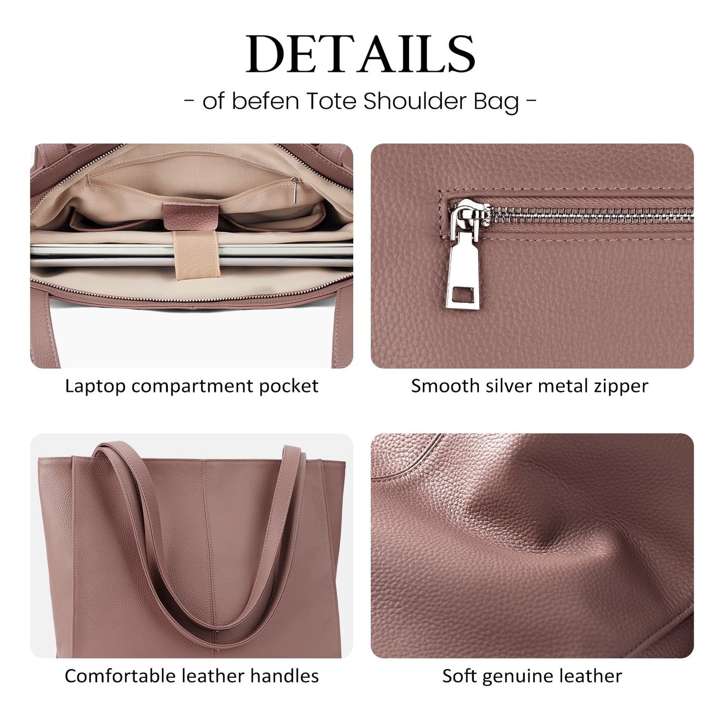 befen Genuine Leather Tote Bag for Women Work, Women's Leather Shoulder Bags Purses Satchel Handbags with Laptop Compartment